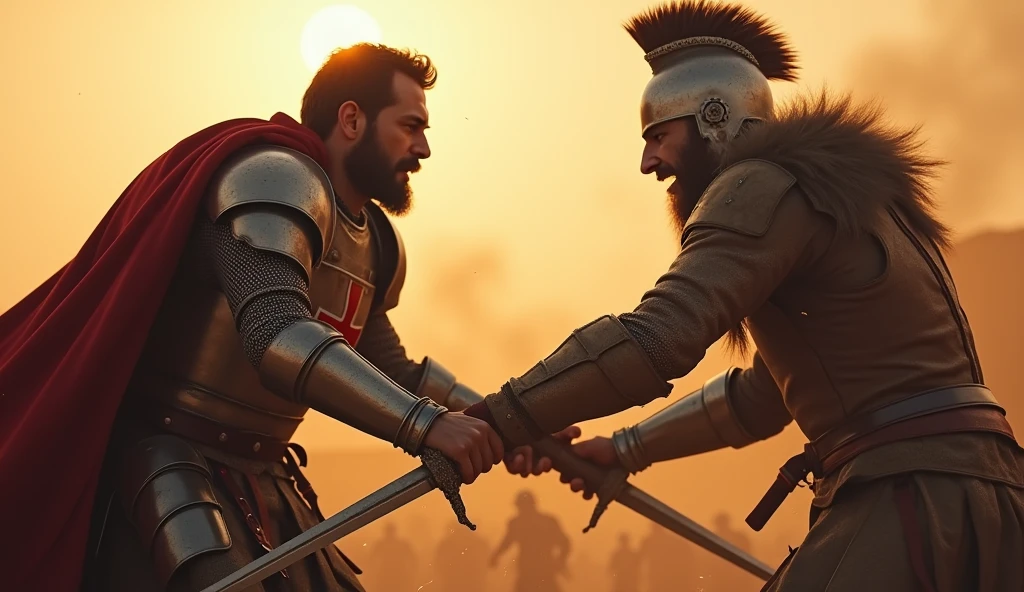 "A highly realistic, high-contrast, 8K HD, detailed, hyper-detailed image of a tense battle scene between the Crusader protagonist and the Lion-Emblazoned General. The Crusader, with his steel armor bearing a prominent red cross, has a stern expression, his dark hair and beard clearly visible as he confronts his foe. The Lion-Emblazoned General, clad in steel armor with a fierce lion emblem on his chest, keeps his face hidden behind a helmet, adding to his menacing presence. The two warriors are locked in a fierce one-on-one duel, swords clashing with sparks flying in the desolate desert battlefield. The setting sun casts long shadows, and the warm, orange light creates a dramatic contrast with the cold steel of their armors. Dust swirls around their feet, and the distant echoes of the ongoing battle heighten the tension. The image is of the highest quality, with ultra-high resolution, RAW photo quality, and Unreal Engine rendering, capturing the epic confrontation at the moment of its climax."
