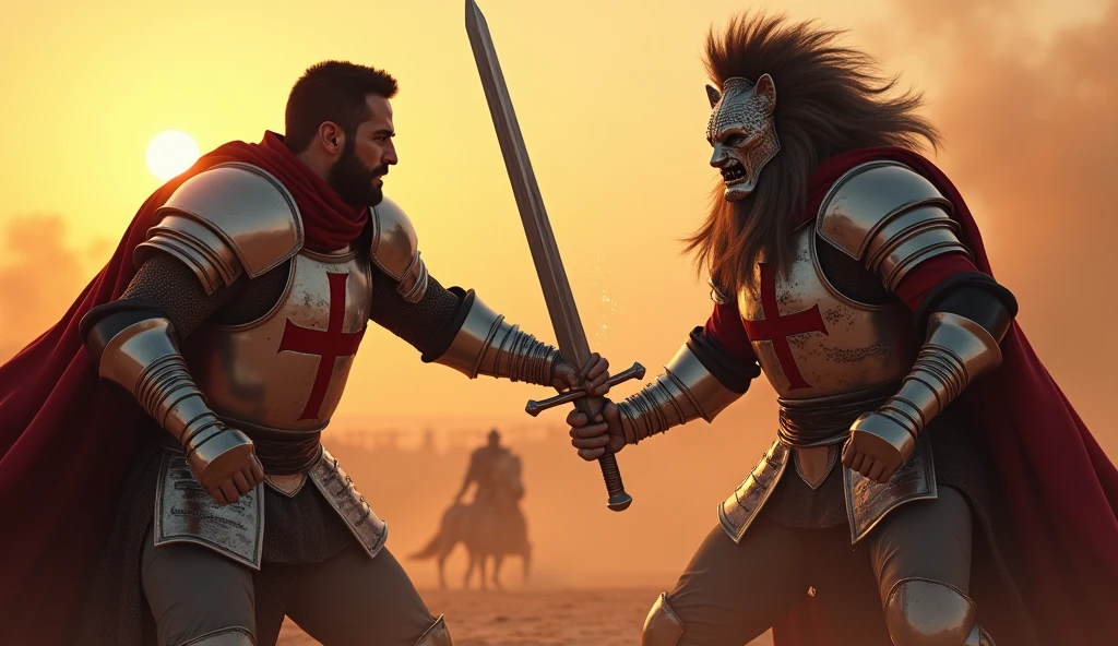 "A highly realistic, high-contrast, 8K HD, detailed, hyper-detailed image of a tense battle scene between the Crusader protagonist and the Lion-Emblazoned General. The Crusader, with his steel armor bearing a prominent red cross, has a stern expression, his dark hair and beard clearly visible as he confronts his foe. The Lion-Emblazoned General, clad in steel armor with a fierce lion emblem on his chest, keeps his face hidden behind a helmet, adding to his menacing presence. The two warriors are locked in a fierce one-on-one duel, swords clashing with sparks flying in the desolate desert battlefield. The setting sun casts long shadows, and the warm, orange light creates a dramatic contrast with the cold steel of their armors. Dust swirls around their feet, and the distant echoes of the ongoing battle heighten the tension. The image is of the highest quality, with ultra-high resolution, RAW photo quality, and Unreal Engine rendering, capturing the epic confrontation at the moment of its climax."