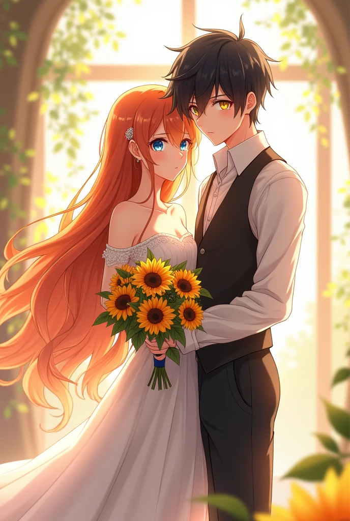 The girl with long orange hair and blue eyes wore a luxurious white off-the-shoulder wedding dress, holding a wedding bouquet made from a bouquet of sunflowers. She was standing next to a guy with slightly messy black hair, yellow eyes, cold face, wearing a vest and holding the girl's waist. The surrounding landscape is a room with lots of light and glass windows. anime characters