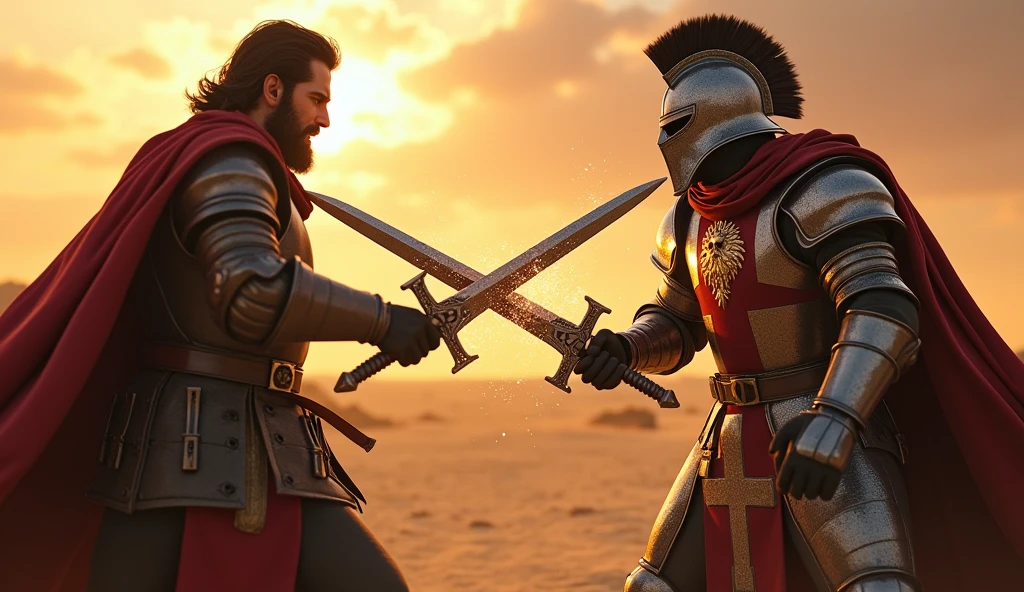 "A highly realistic, high-contrast, 8K HD, detailed, hyper-detailed image of a tense battle scene between the Crusader protagonist and the Lion-Emblazoned General. The Crusader, with his steel armor bearing a prominent red cross, has a stern expression, his dark hair and beard clearly visible as he confronts his foe. The Lion-Emblazoned General, clad in steel armor with a fierce lion emblem on his chest, keeps his face hidden behind a helmet, adding to his menacing presence. The two warriors are locked in a fierce one-on-one duel, swords clashing with sparks flying in the desolate desert battlefield. The setting sun casts long shadows, and the warm, orange light creates a dramatic contrast with the cold steel of their armors. Dust swirls around their feet, and the distant echoes of the ongoing battle heighten the tension. The image is of the highest quality, with ultra-high resolution, RAW photo quality, and Unreal Engine rendering, capturing the epic confrontation at the moment of its climax."
