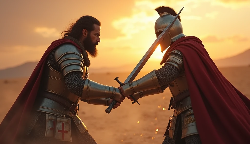 "A highly realistic, high-contrast, 8K HD, detailed, hyper-detailed image of a tense battle scene between the Crusader protagonist and the Lion-Emblazoned General. The Crusader, with his steel armor bearing a prominent red cross, has a stern expression, his dark hair and beard clearly visible as he confronts his foe. The Lion-Emblazoned General, clad in steel armor with a fierce lion emblem on his chest, keeps his face hidden behind a helmet, adding to his menacing presence. The two warriors are locked in a fierce one-on-one duel, swords clashing with sparks flying in the desolate desert battlefield. The setting sun casts long shadows, and the warm, orange light creates a dramatic contrast with the cold steel of their armors. Dust swirls around their feet, and the distant echoes of the ongoing battle heighten the tension. The image is of the highest quality, with ultra-high resolution, RAW photo quality, and Unreal Engine rendering, capturing the epic confrontation at the moment of its climax."