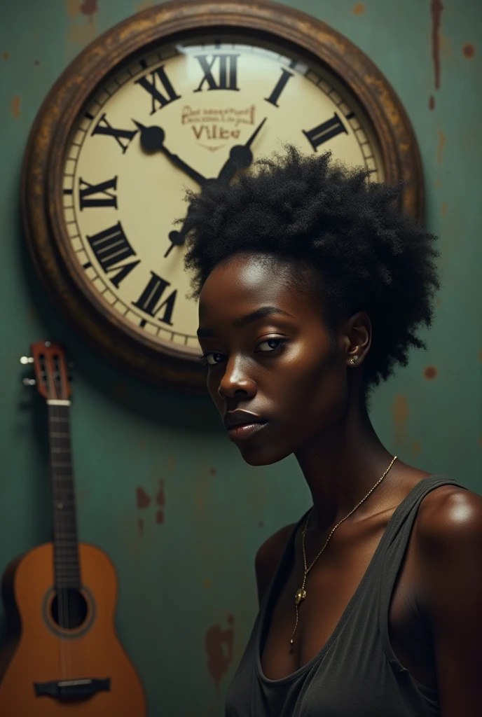 black woman with a sad expression and in the background a large old clock with a broken hand and a guitar in the background