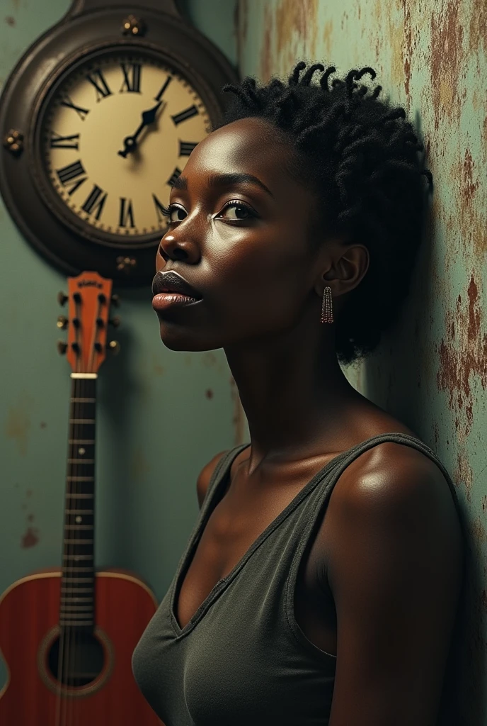 black woman with a sad expression and in the background a large old clock with a broken hand and a guitar in the background