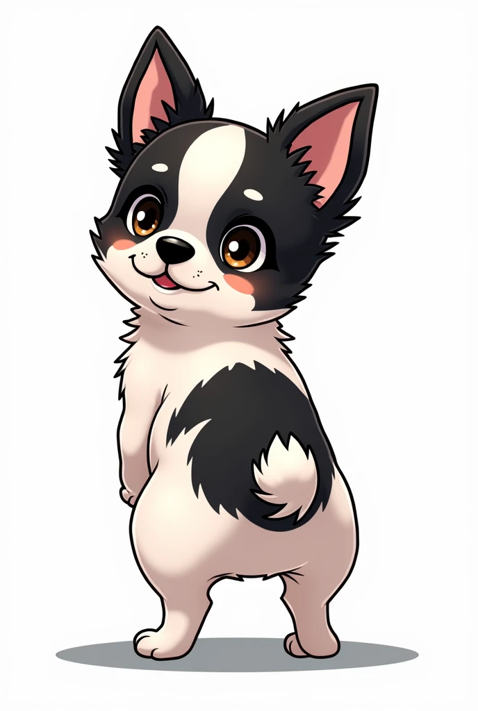 Chihuahua, black and white face, white body, black sides of belly, black butt, fluffy ears, brown eyebrows, sparkling eyes, manga style, LINE stamp style, two short legs, facing backwards, transparent background