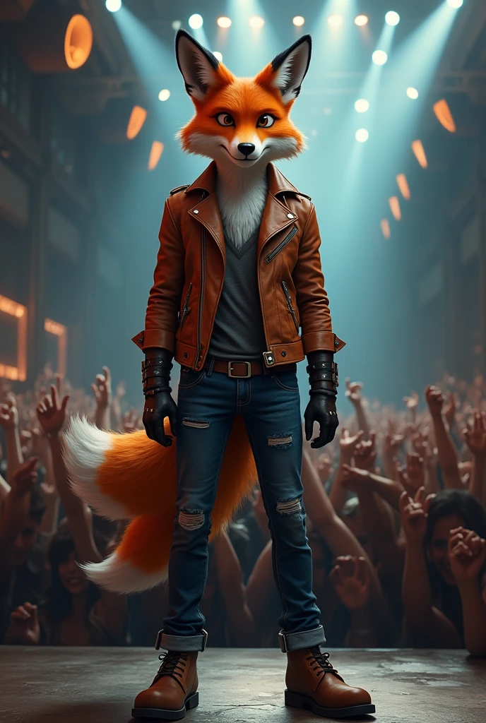 Fox wearing a leather jacket and jeans walking on stage in front of the crowd