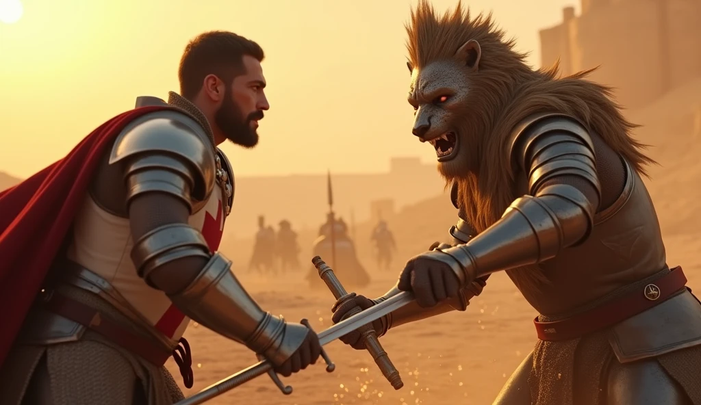 "A highly realistic, high-contrast, 8K HD, detailed, hyper-detailed image of a tense battle scene between the Crusader protagonist and the Lion-Emblazoned General. The Crusader, with his steel armor bearing a prominent red cross, has a stern expression, his dark hair and beard clearly visible as he confronts his foe. The Lion-Emblazoned General, clad in steel armor with a fierce lion emblem on his chest, keeps his face hidden behind a helmet, adding to his menacing presence. The two warriors are locked in a fierce one-on-one duel, swords clashing with sparks flying in the desolate desert battlefield. The setting sun casts long shadows, and the warm, orange light creates a dramatic contrast with the cold steel of their armors. Dust swirls around their feet, and the distant echoes of the ongoing battle heighten the tension. The image is of the highest quality, with ultra-high resolution, RAW photo quality, and Unreal Engine rendering, capturing the epic confrontation at the moment of its climax."