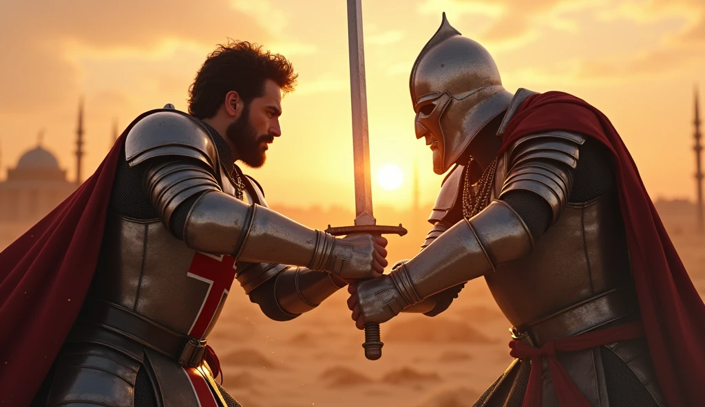 "A highly realistic, high-contrast, 8K HD, detailed, hyper-detailed image of a tense battle scene between the Crusader protagonist and the Lion-Emblazoned General. The Crusader, with his steel armor bearing a prominent red cross, has a stern expression, his dark hair and beard clearly visible as he confronts his foe. The Lion-Emblazoned General, clad in steel armor with a fierce lion emblem on his chest, keeps his face hidden behind a helmet, adding to his menacing presence. The two warriors are locked in a fierce one-on-one duel, swords clashing with sparks flying in the desolate desert battlefield. The setting sun casts long shadows, and the warm, orange light creates a dramatic contrast with the cold steel of their armors. Dust swirls around their feet, and the distant echoes of the ongoing battle heighten the tension. The image is of the highest quality, with ultra-high resolution, RAW photo quality, and Unreal Engine rendering, capturing the epic confrontation at the moment of its climax."
