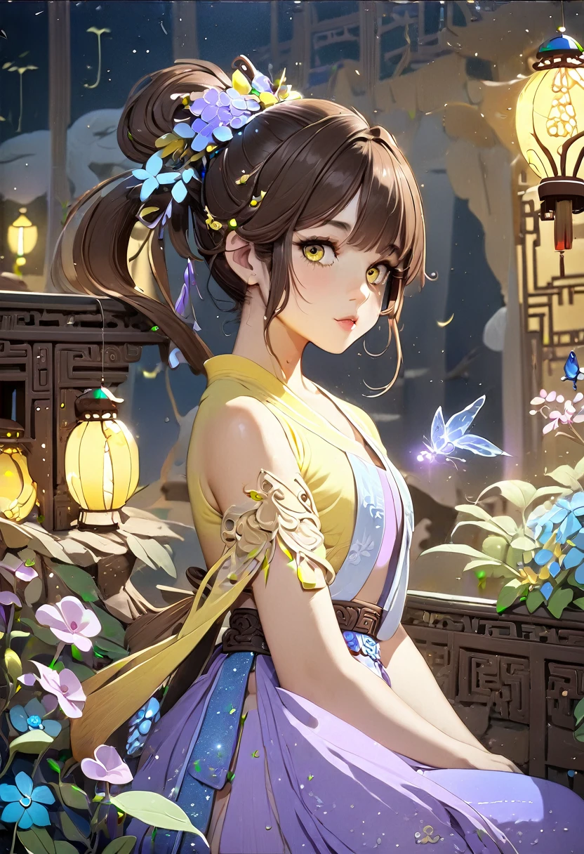 ((best quality)), ((Masterpiece)), (details), 1 girl, , brown hair, yellow eyes, ((ponytail)),  cute, Sparkly eyes, Tanned skin ,Hanfu, ancient chinese dress, Masterpiece, detailsสูง, Cute atmosphere, flower, Cowboy shot, Within the palace, hair accessories, Your Highness.,sparkling light particles,atmosphere,Enchanted,ethereal light,beautiful nature,dreamlike,quiet,quiet,undercover,charming,shining,beauty in nature