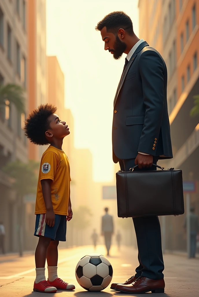 Black child head short blunt hair with dirty soccer uniform with soccer ball under right foot looking up in admiration at a man looking at smiling black child in suit short goatee short hair no beard successful businessman holding briefcase