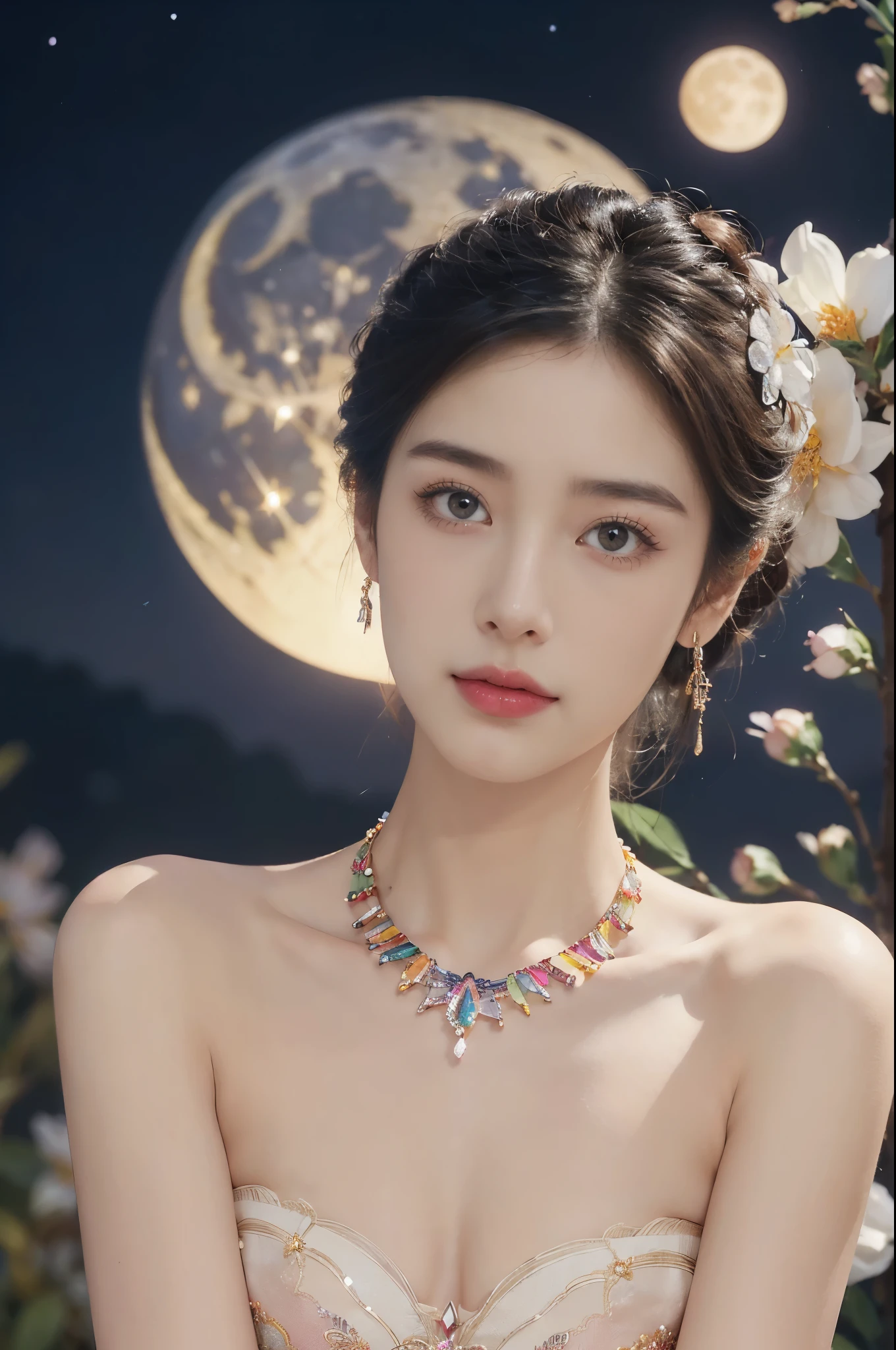 (((best quality))),(((ultra detailed))),(((masterpiece))),illustration,((1 beautiful girl,solo)),(neat chignon:1.2),((earrings,crystal necklace)),((slim,thin)),((small breasts,flat chest)),(a moon in the clear night sky as the background:1.3), gentle glow,(in the world full of vibrant flowers:1.3),(strapless gorgeous sheer bra:1.3),sparkling eyes,graceful,(surrounded by crowded colorful flowers:1.5), kaleidoscope, shimmer,bright moonlight, delicate petals, fragrance, otherworldly, magical realm, enchantment, tranquility, essence of beauty, peace,(outdoor:1.2),(night scene:1.3),((from front,close-up of face))