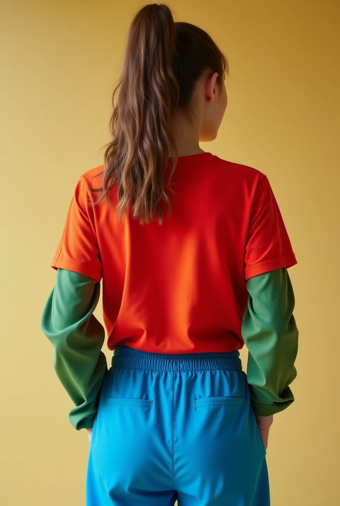 Girl who is wearing blue elastic trousers has her back facing the camera she is wearing red t shirt shirt tucked in the trousers the t shirt has full sleeves which are green and they are rolled up