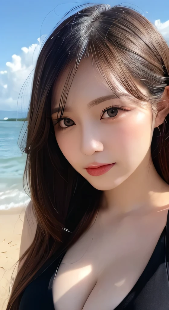 Tabletop, Highest quality, figure, Very detailed, In detail, High resolution, 8k wallpaper, Perfect dynamic composition, Beautiful attention to detail , Beach, Sexy Face,A face of ecstasy,The face at the peak of sexual arousal, (The eyelashes on both eyes are equal and beautiful.), Cleavage