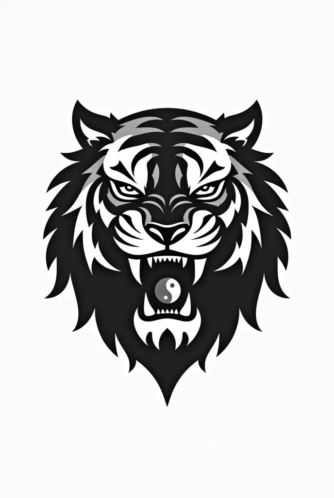 Logo of tiger head biting yin yang. The tiger is facing forward. Black and white logo color. white background