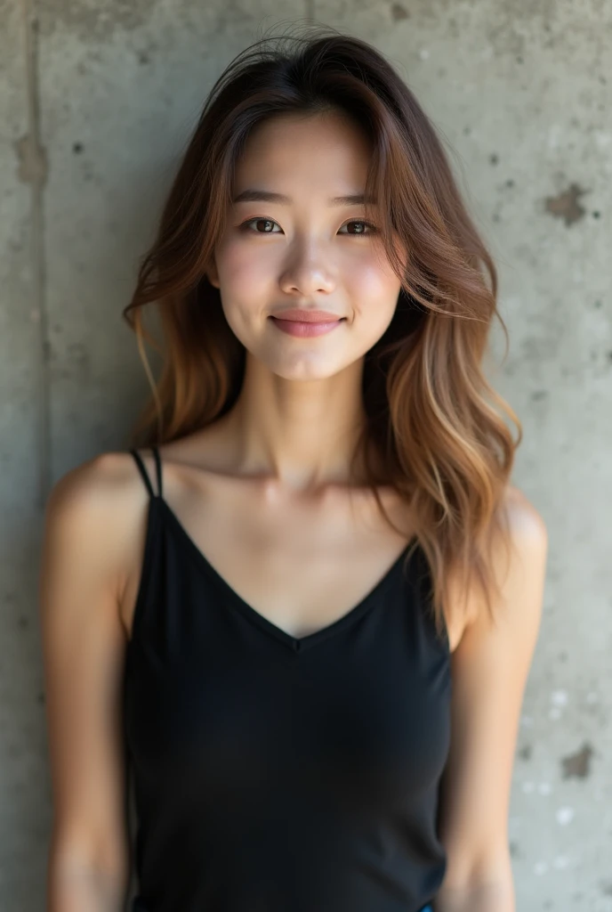 Cool Beauty、Beautiful Japanese、Thready hair、Hair down to the collarbone、Beige Brown Hair Color、Tapered ends、Less hair volume、The body is oblique、The gaze is on the camera、smile、Beige cut and sew、Has a sharp gaze、Clear and straight nose、Background is simple concrete、Lightweight hairstyle