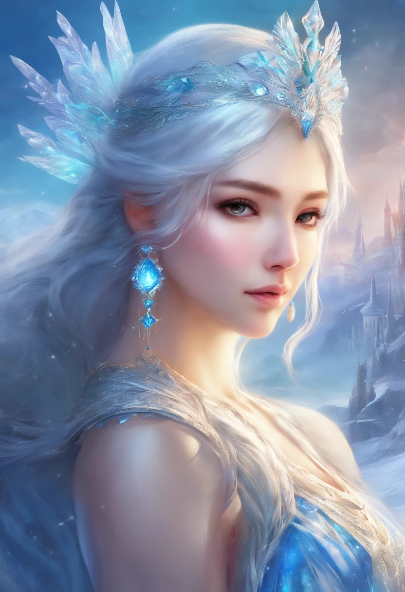 best quality,masterpiece,Ultra-high resolution,photoactual:4:0,In front of the Ice Crystal Palace,An ice goddess,Head style,Long flowing blue hair,Big breasts,Wearing a blue and white Japanese miko costume,Holding an ice crystal staff