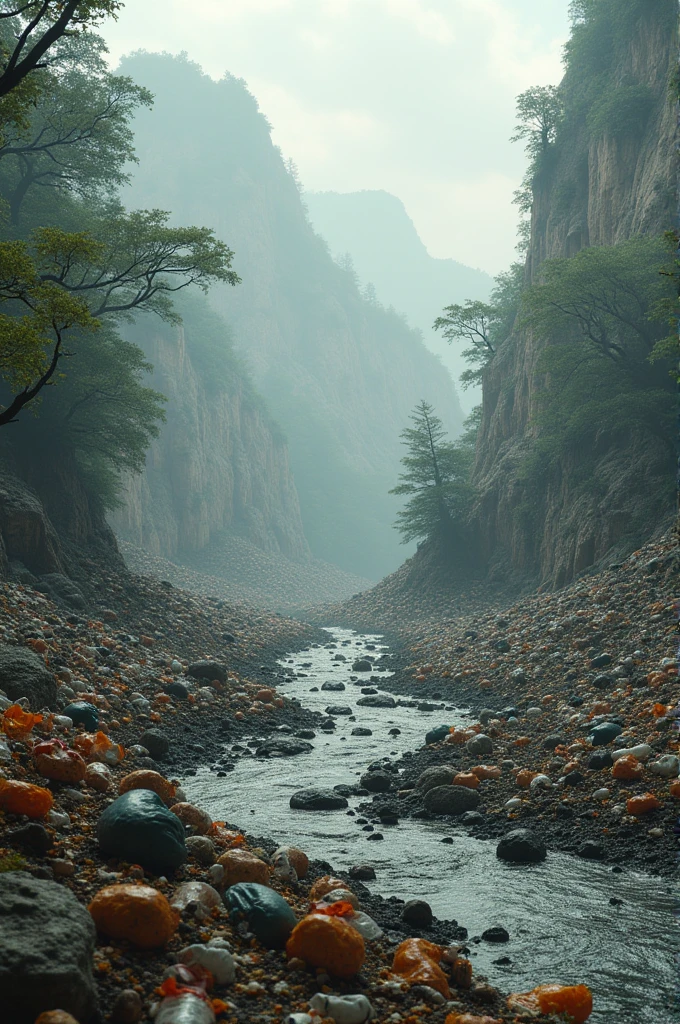 Create an image of a very polluted planet, full of plastic,cut trees, pollution in rivers