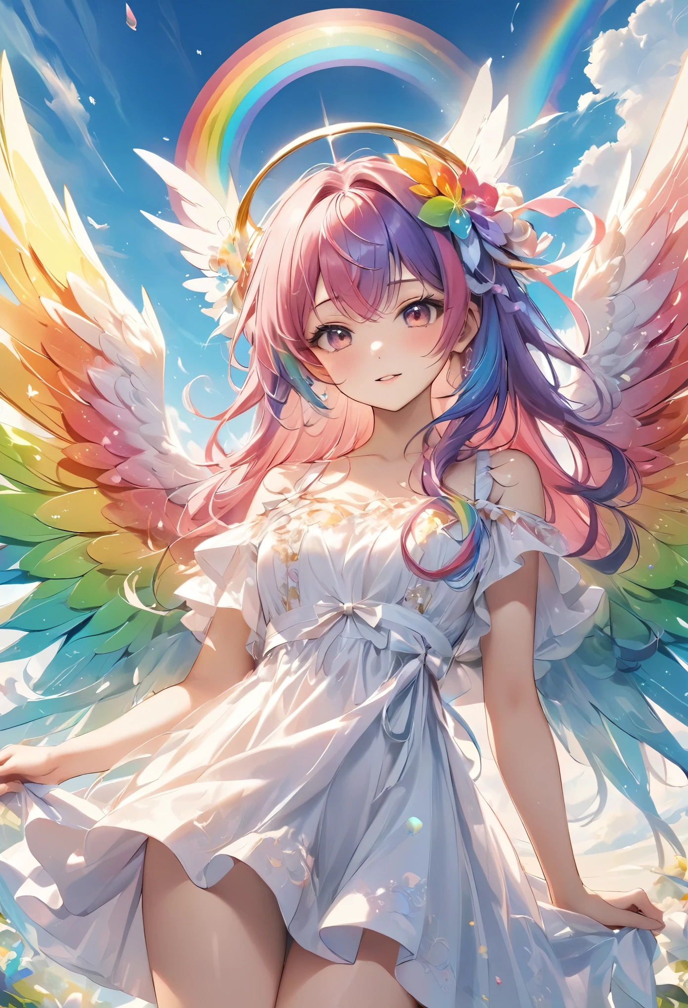 Pale colors, ((Astonishingly absurd)), Ultra high resolution, Attention to detail, High quality, High resolution, Top quality, 4k, 8K, Artwork, Fantastic work,arm behind back、rainbow, rainbow hair, Long hair, Rainbow angel, Spread wings wide, ((Rainbow wings fluttering)), Beautiful angel, Cute angel
