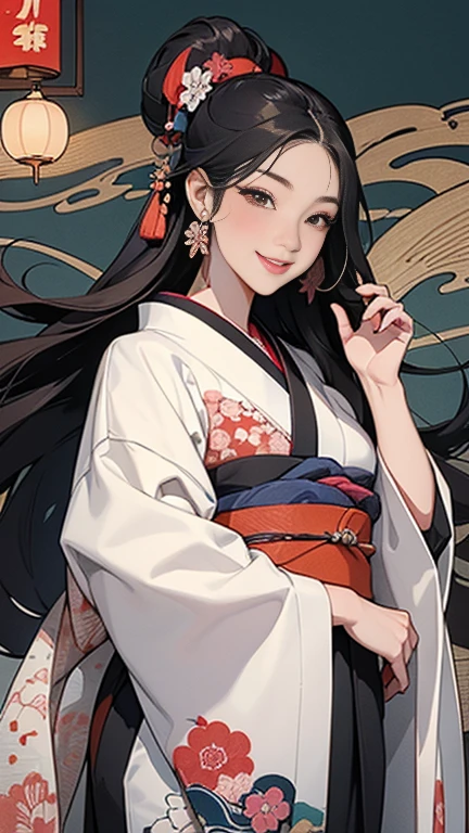 A beautiful woman smiles and shows her upper white teeth、Vividly colored Japanese Ukiyo-e style illustrations、(SeaArt creates stunning illustrations of beautiful women in kimono)、Brown-black long hair、Beautiful full body style、Let's dance a little Tokyo Ondo Yoiyoi、Beautiful digital painting,、Bright vibrant digital anime art、 Detailed digital anime art、 Beautiful anime portraits、background、Torii gate of a shrine in Kyoto, Japan、Detailed CG、
