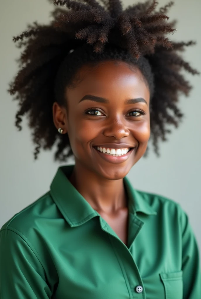 Generate three quater view of a smiling African cleaning woman in green  