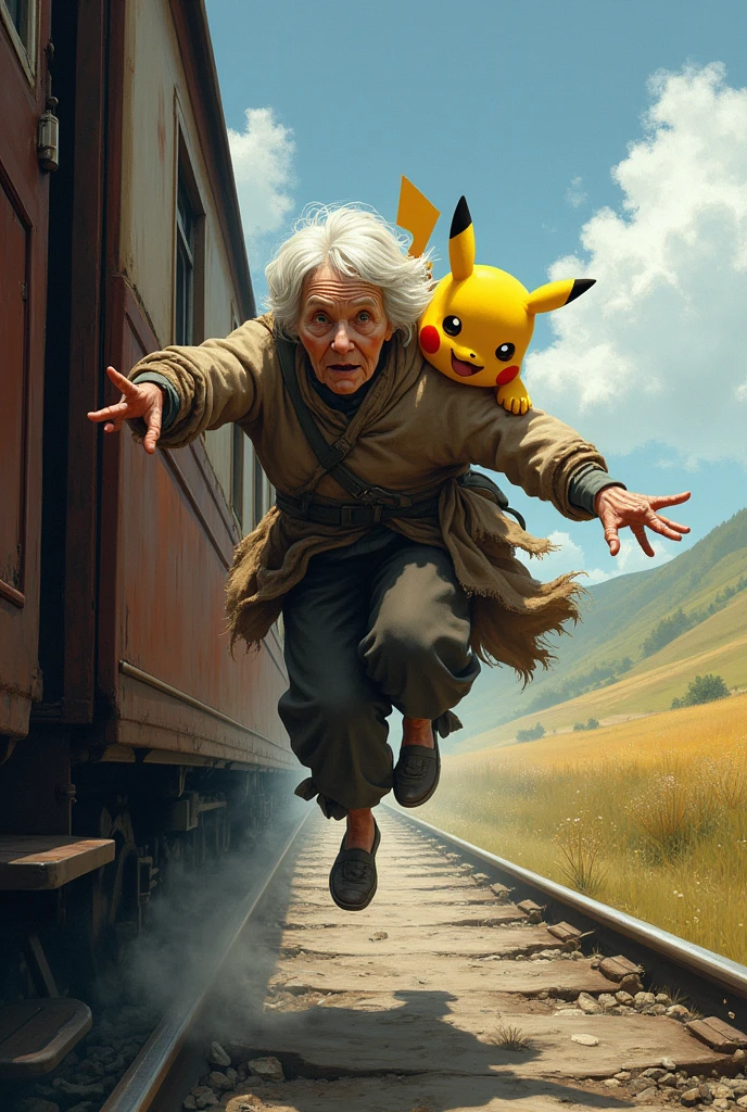 old woman jumping on train with pikachu