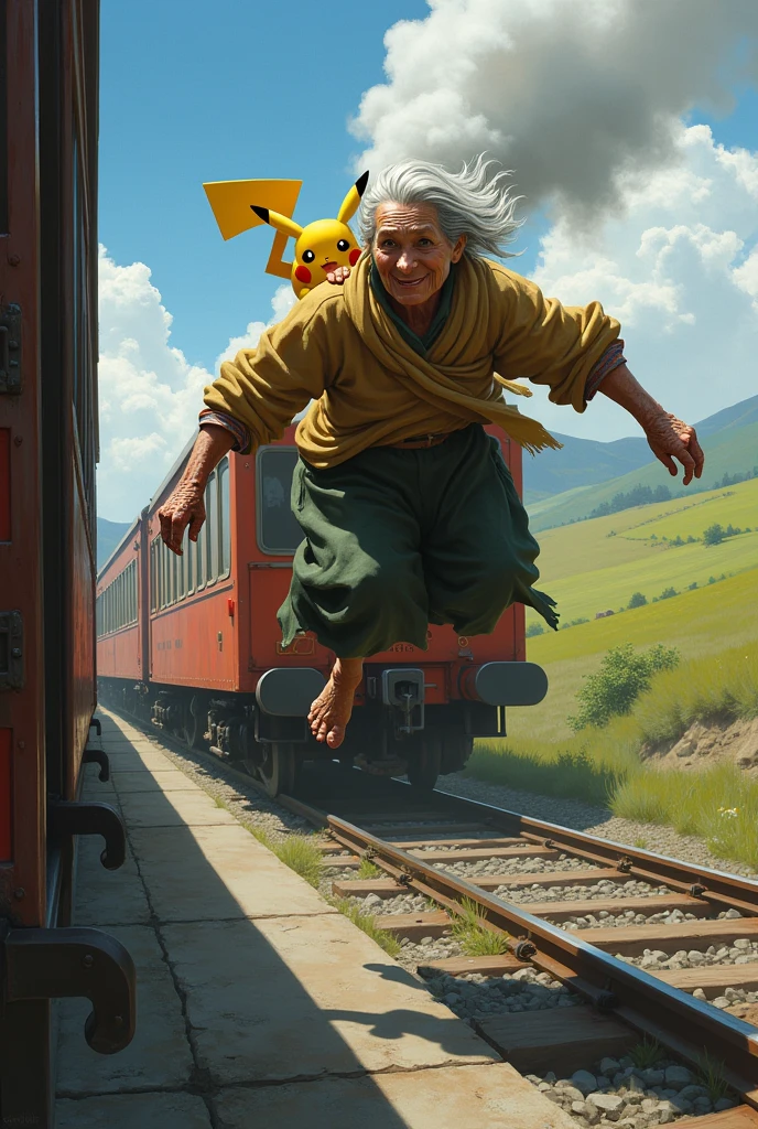 old woman jumping on train with pikachu
