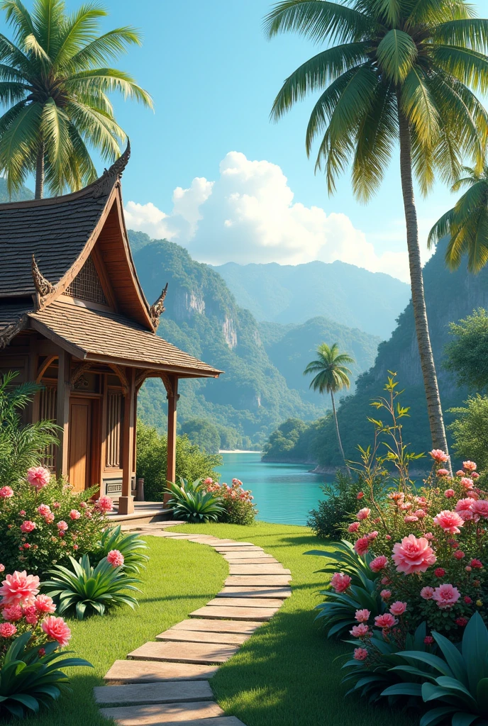 The flower garden is on the right side of the picture. On the left side is a Thai wooden hut.