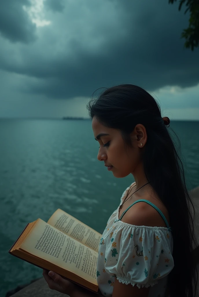 A kerala young female reading A novel on the kerala sea shore background dark cloud and sea.top View from her shoulder. Close up book image.realistic image.