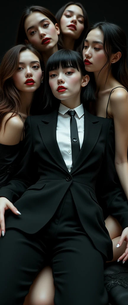 a stylish assertive swagger pale emo goth woman in a suit and tie reclining while laying flat, with multiple girls swooning all over her, (best quality,4k,8k,highres,masterpiece:1.2),ultra-detailed,(realistic,photorealistic,photo-realistic:1.37),HDR,UHD,studio lighting,ultra-fine painting,sharp focus,physically-based rendering,extreme detail description,professional,vivid colors,bokeh,portrait,high fashion,elegant,glamorous,cinematic,dramatic lighting,moody,mysterious,sensual,sophisticated