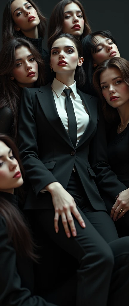 a chic ensemble stylish woman in a suit and tie reclining while laying flat, with multiple girls laying ontop her body,, (best quality,4k,8k,highres,masterpiece:1.2),ultra-detailed,(realistic,photorealistic,photo-realistic:1.37),HDR,UHD,studio lighting,ultra-fine painting,sharp focus,physically-based rendering,extreme detail description,professional,vivid colors,bokeh,portrait,high fashion,elegant,glamorous,cinematic,dramatic lighting,moody,mysterious,sensual,sophisticated