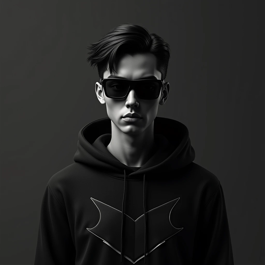 A monochromatic digital artwork featuring a boy age 20 with good face and with a serious expression, wearing a black hoodie. The character has sleek black hair and futuristic sunglasses . The hoodie has a unique design of a MKP . The background is a smooth, dark, adding to the overall mysterious and cool vibe of the image