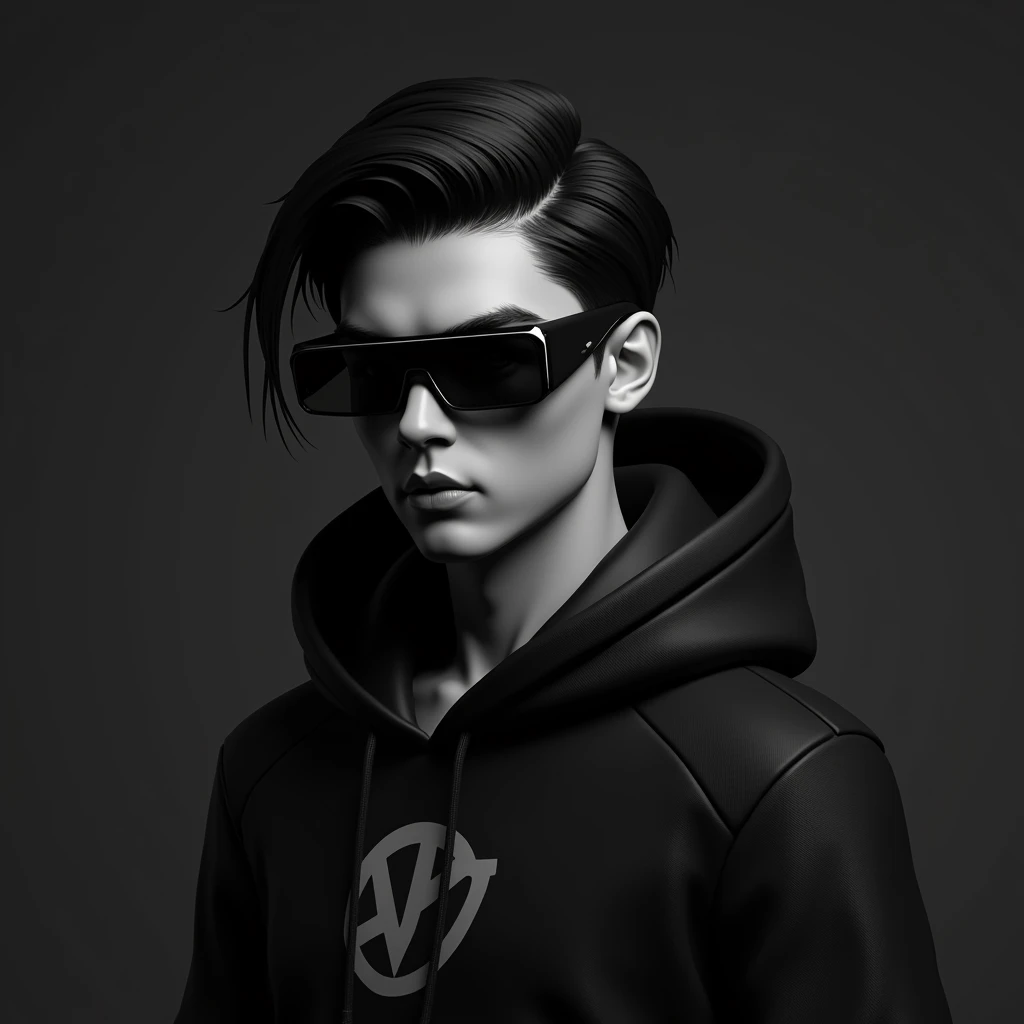 A monochromatic digital artwork featuring a boy age 20 with good face and with a serious expression, wearing a black hoodie. The character has sleek black hair and futuristic sunglasses . The hoodie has a unique design of a MKP . The background is a smooth, dark, adding to the overall mysterious and cool vibe of the image