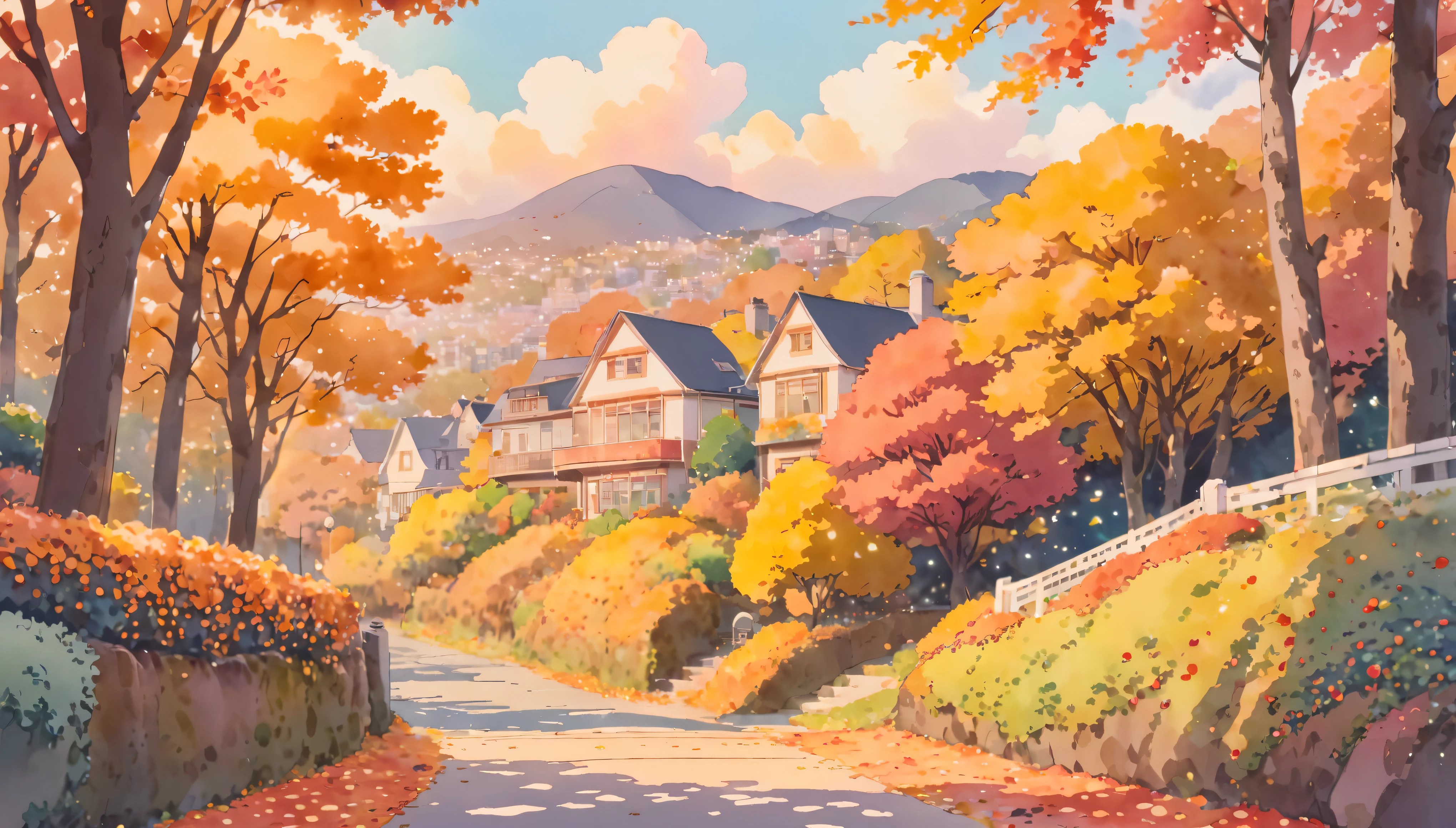ultrawide Cozy autumn aesthetic fall,Studio ghibli inspired,Watercolor,no people,Lofi,Cute