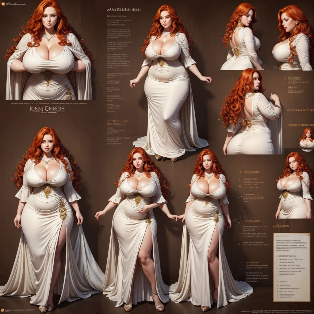 (masterpiece), (high quality), crazy details, Character Design Sheet , beautiful young chubby woman, overweight, irish redhead, long wavy ginger hair, tight dress with deep cleavage, big breast, curvy body, character reference sheet, character turn around
