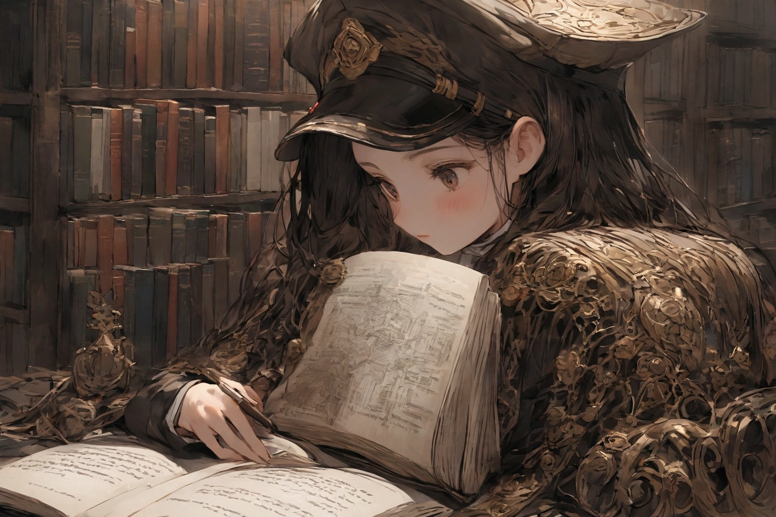 Our young marshal is just reading a book.,Hair Bunch,Long hair, WhiteLong hair,将Military cap,Military cap,military uniform,office,Lots of books,Reading,