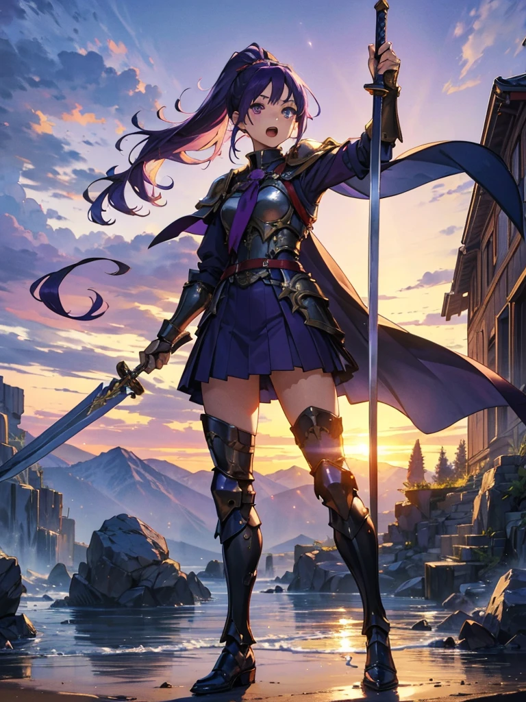 Dressed as a man、masterpiece,Highest quality,One person,Costume 1,,sunrise,dawn,holding flag,Open your mouth,sword,Purple Hair,Purple Eyes,ponytail、Armored