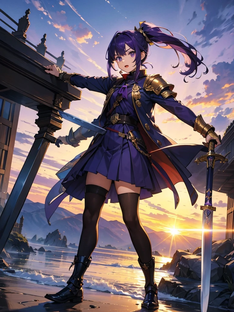 Dressed as a man、masterpiece,Highest quality,One person,Costume 1,,sunrise,dawn,holding flag,Open your mouth,sword,Purple Hair,Purple Eyes,ponytail、Armored