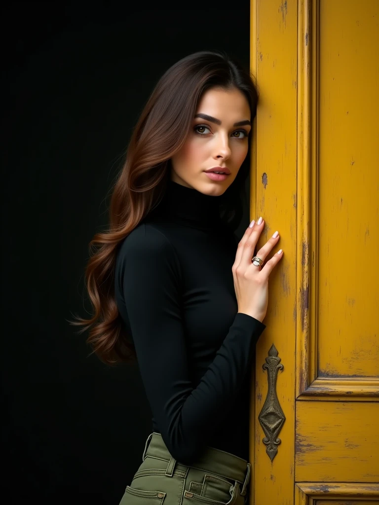 Black background. Closeup of a beautiful Lebanese woman with long brown hair. She wears a black turtleneck, and a pair of olive green skinny jeans. She opens a yellow wooden door outwards.