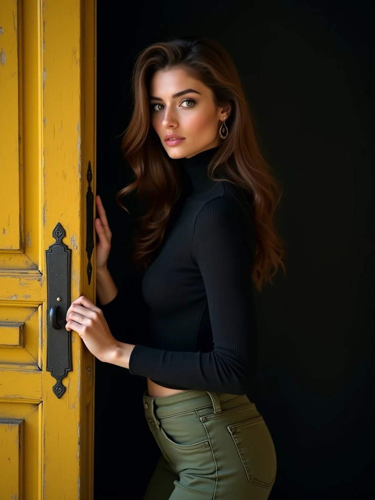 Black background. Closeup of a beautiful Lebanese woman with long brown hair. She wears a black turtleneck, and a pair of olive green skinny jeans. She opens a yellow wooden door outwards.