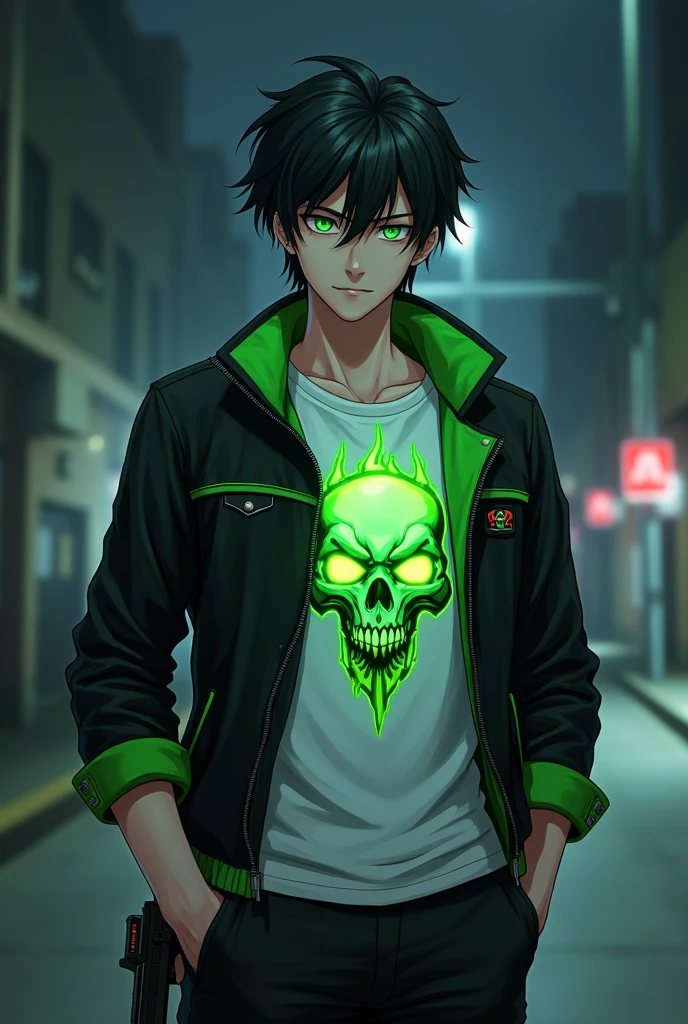 A 1 anime handsome guy with flashy green eyes , a pistol in his right hand , a black fit jacket with green lined on it and a white t-shirt with a picture of skull burning in green flames in the middle of that . black neat hair and a devilish little smile on lips , a strong body as a sign of exerciser being , standing in front of you and poser while a left hand is in his dark blue jean's pocket . white skin , in ht view on a quiet street