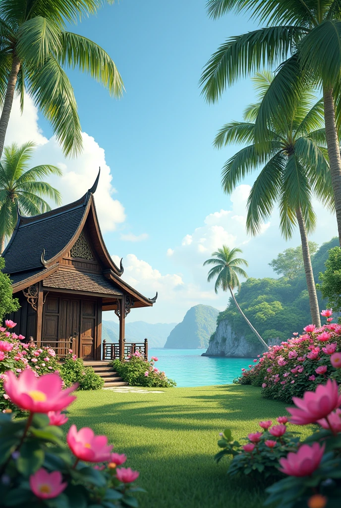 The flower garden is on the right side of the picture. On the left side is a Thai wooden hut.