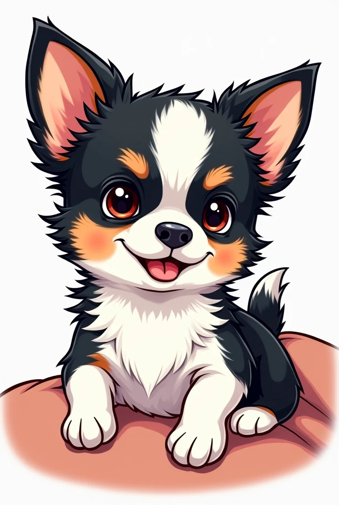 Chihuahua, black and white face, white body, black sides of belly, black butt, fluffy ears, brown eyebrows, sparkling eyes, manga style, LINE stamp style, two short legs, relaxing on sofa, transparent background