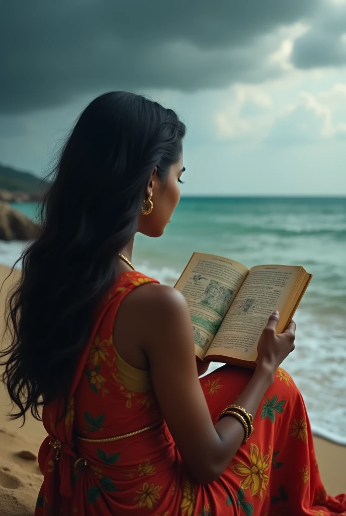 A kerala young female reading A novel on the kerala sea shore. Back view.background dark cloud and sea.top View from her shoulder. Close up book image.realistic image.