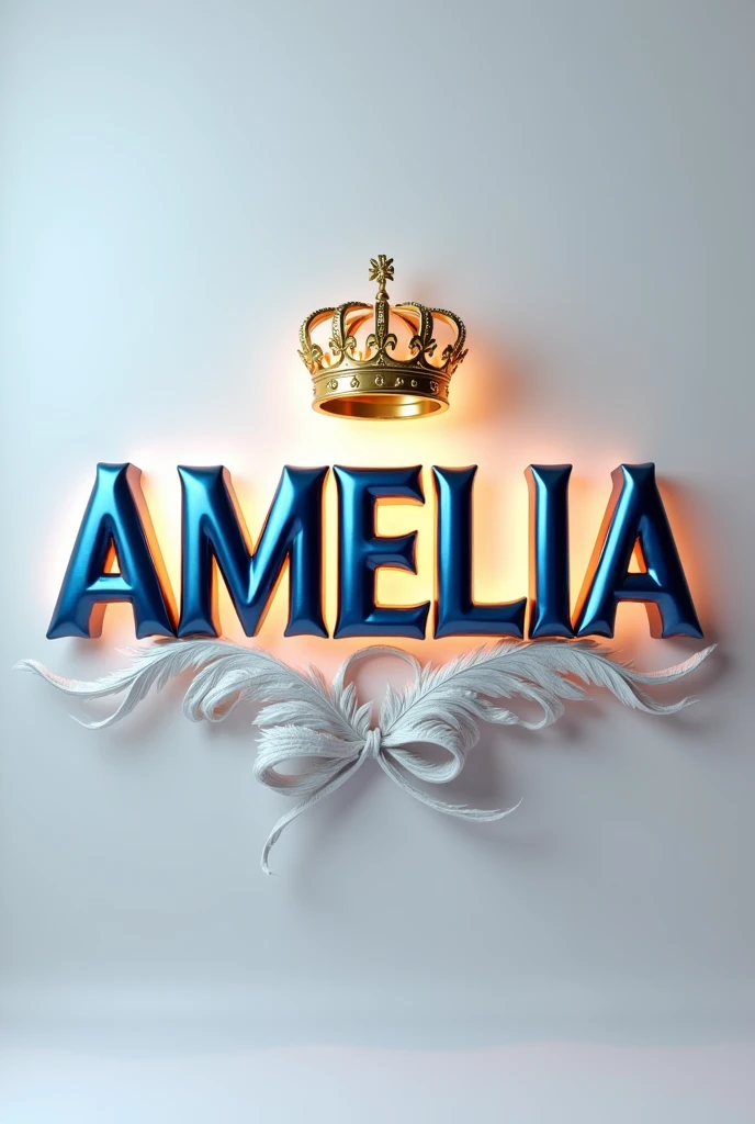 A 3d render of the word "AMELIA" in a blue and gold metallic font in Capital letter with a golden British crown above and a white feather , with a light shine behind the word, and a silver swirl underneath.  The background is a light gray.