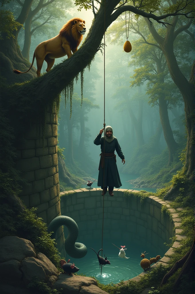Deep in the forest, a Muslim hangs in fear from a rope in a big well. A white mouse, a black mouse cutting the rope. Down in the well is a huge snake. A beehive in the tree on the wall of the well. A big lion above the well.