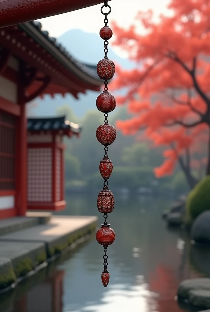 (masterpiece, Highest quality, shape, Subtle details, 8k:1.2),(Highly detailed CG Unity 8k wallpaper), (Highest quality), (Best illustrations), (Photo shoot by a professional photographer:1.2),(Best Shadow), Realistic lighting, Create a realistic 3D digital image featuring a beautifully designed rain chain (Kusari-toi) hanging vertically from the top to the bottom of the frame, with no visible attachments at the top or bottom. The focus of the image is on the rain chain, showcasing its intricate details and craftsmanship. In the background, slightly blurred, a scene of an ancient temple and a tree with vibrant red autumn leaves (momiji) can be seen. The soft, muted colors of the distant background create a peaceful and serene atmosphere, capturing the essence of Japanese culture and the tranquil passage of time. The overall scene evokes a deep sense of calm and contemplation.