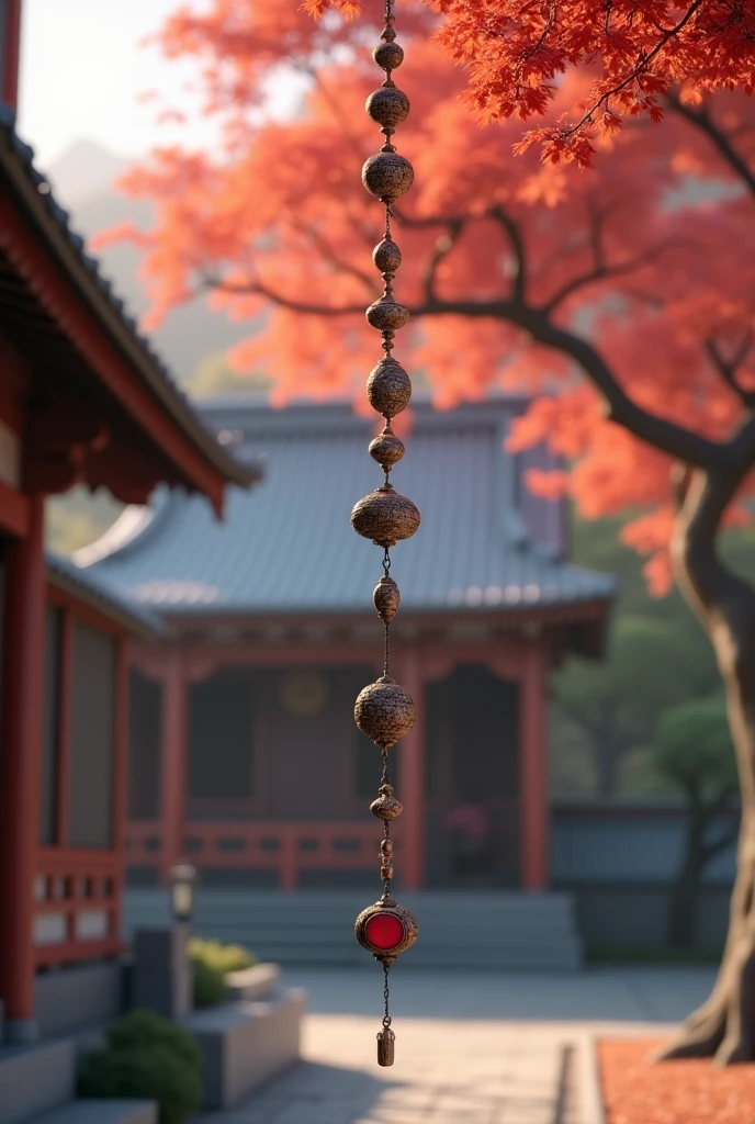 (masterpiece, Highest quality, shape, Subtle details, 8k:1.2),(Highly detailed CG Unity 8k wallpaper), (Highest quality), (Best illustrations), (Photo shoot by a professional photographer:1.2),(Best Shadow), Realistic lighting, Create a realistic 3D digital image featuring a beautifully designed rain chain (Kusari-toi) hanging vertically from the top to the bottom of the frame, with no visible attachments at the top or bottom. The focus of the image is on the rain chain, showcasing its intricate details and craftsmanship. In the background, slightly blurred, a scene of an ancient temple and a tree with vibrant red autumn leaves (momiji) can be seen. The soft, muted colors of the distant background create a peaceful and serene atmosphere, capturing the essence of Japanese culture and the tranquil passage of time. The overall scene evokes a deep sense of calm and contemplation.