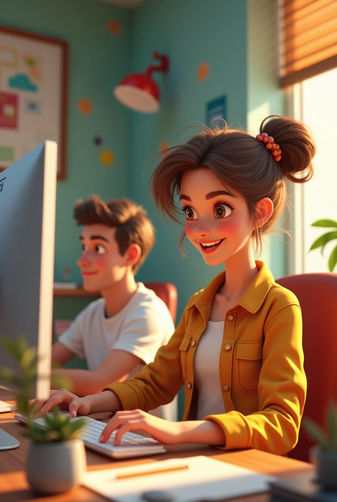 light brown haired girl using a computer with a male client on a disney pixar style office background