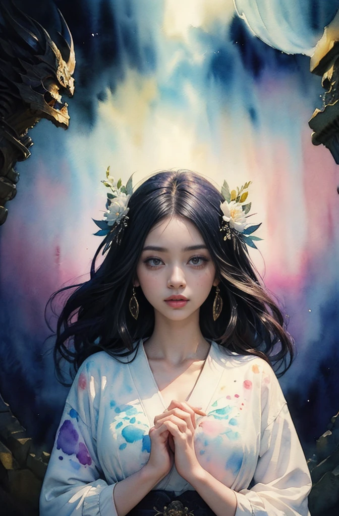 (Tabletop, Highest qualityの, Highest quality, Official Art, (beautifully、aesthetic:1.4), (Watercolor:1.4) ), (Izanami 1.5), 日本のgod話の女god, Majestic beauty, 創造の女god、生命の女god、Typically、((((Typically))))、Reincarnation Support, god'Grace, Gentle and meditative expressions, Flowing, celestial garments, Shine、god秘的な着物姿、Full moon in the upper left of the background、Night view、moon on top left、