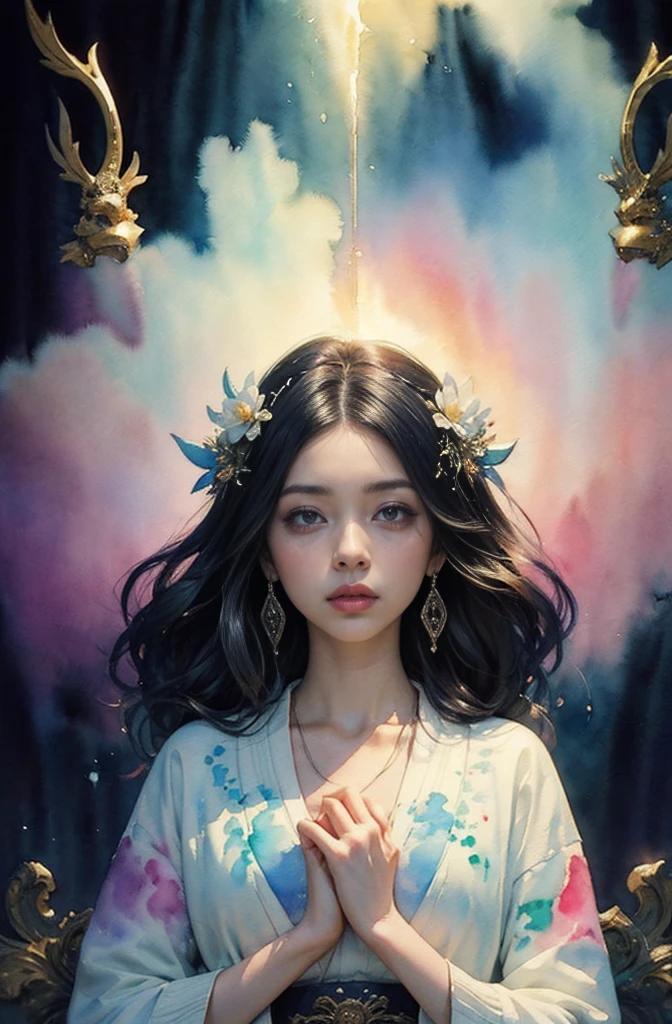 (Tabletop, Highest qualityの, Highest quality, Official Art, (beautifully、aesthetic:1.4), (Watercolor:1.4) ), (Izanami 1.5), 日本のgod話の女god, Majestic beauty, 創造の女god、生命の女god、Typically、((((Typically))))、Reincarnation Support, god'Grace, Gentle and meditative expressions, Flowing, celestial garments, Shine、Created all the landscapes and worlds on Earth, A dazzling dance of light, Whispers of Ancient Legends