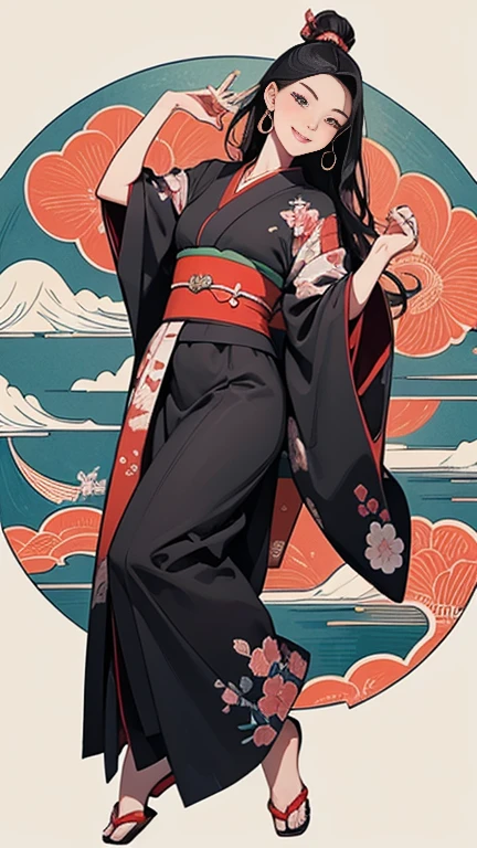 A beautiful woman smiles and shows her upper white teeth、Vividly colored Japanese Ukiyo-e style illustrations、(SeaArt creates stunning illustrations of beautiful women in kimono)、Brown-black long hair、Beautiful full body style、Let's dance a little Tokyo Ondo Yoiyoi、Beautiful digital painting,、Bright vibrant digital anime art、 Detailed digital anime art、 Beautiful anime portraits、background、Torii gate of a shrine in Kyoto, Japan、Detailed CG、